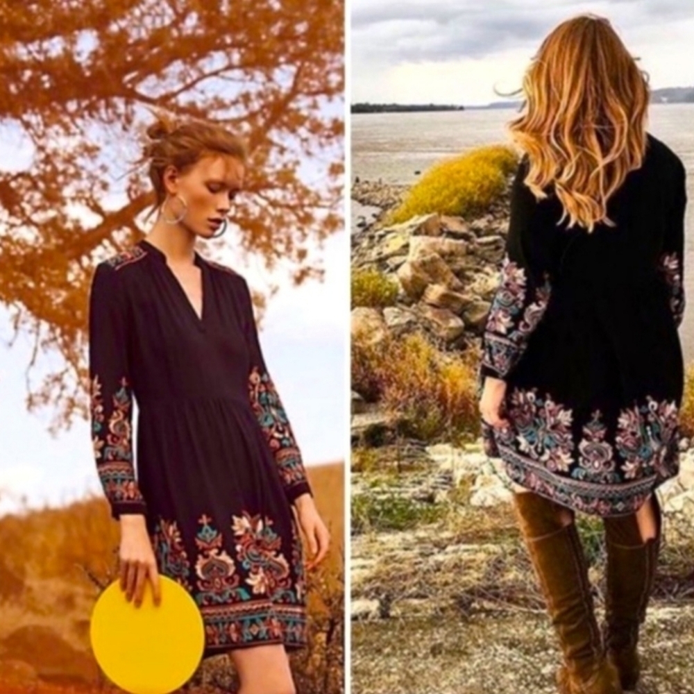 Anthropologie Floreat embroidered floral black dress
